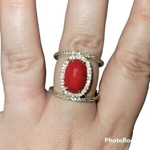 Gold Tone Red White Clear Rhinestone Soft Girl Cocktail Fashion Statement Ring